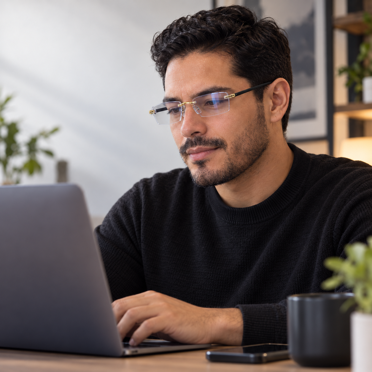 Persona usando las gafas Lezzu frente a un computador